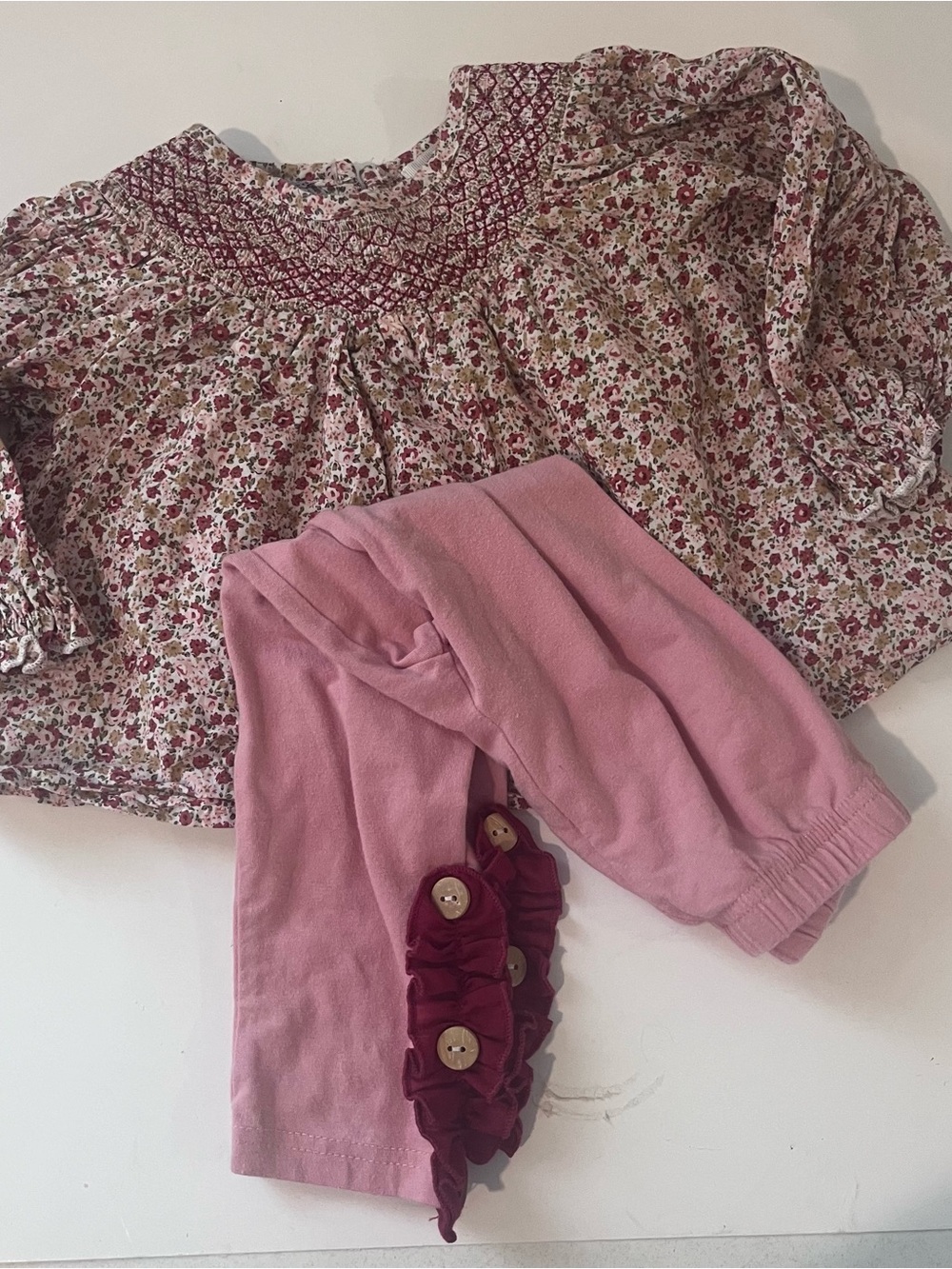 Marie Nicole Baby Girl Floral Smocked Pant Set Pink XS Ruffles Long Sleeve